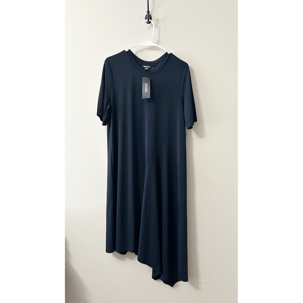 DKNY Womens Navy Blue Asymmetrical Hem Midi Dress P356048MB Large NWT